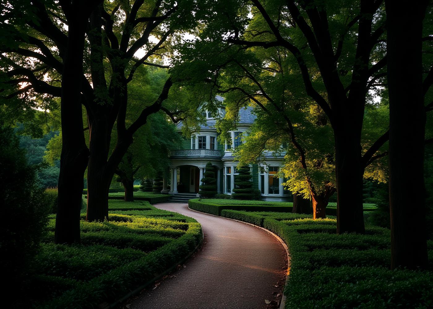 Elegant garden pathway winding through mature trees toward a luxurious home