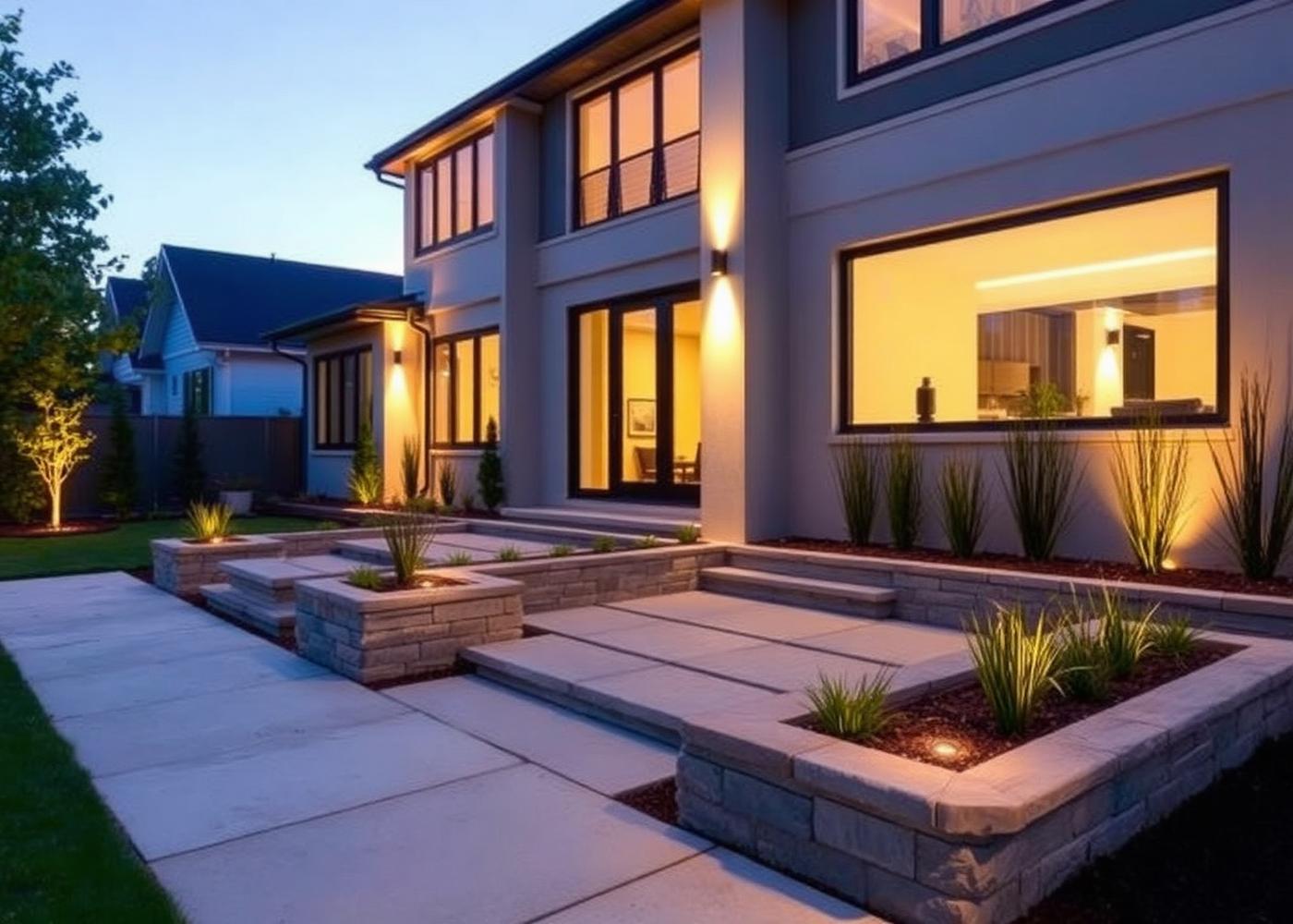 Example modern stone patio used as portfolio imagery