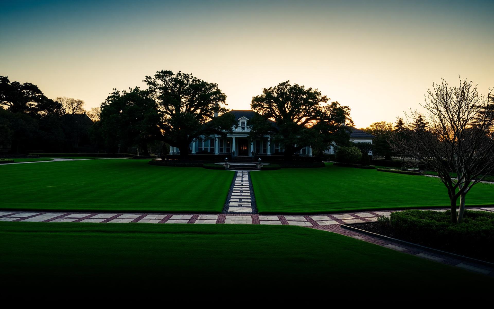Luxurious landscaped estate at golden hour with manicured lawn, mature oak trees and stone walkways